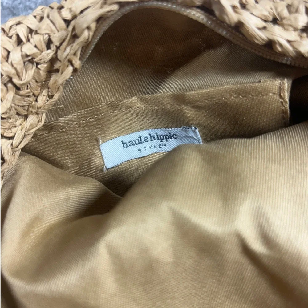 Haute Hippie Hobo Bag Tan Faux Pearl Straw Knotted Handle Women Purse